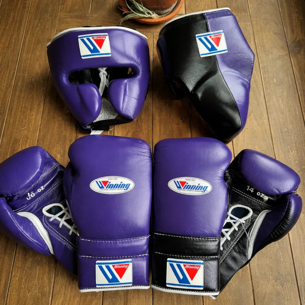 Winning Purple and Black Boxing Set with Headgear & Groin Guard